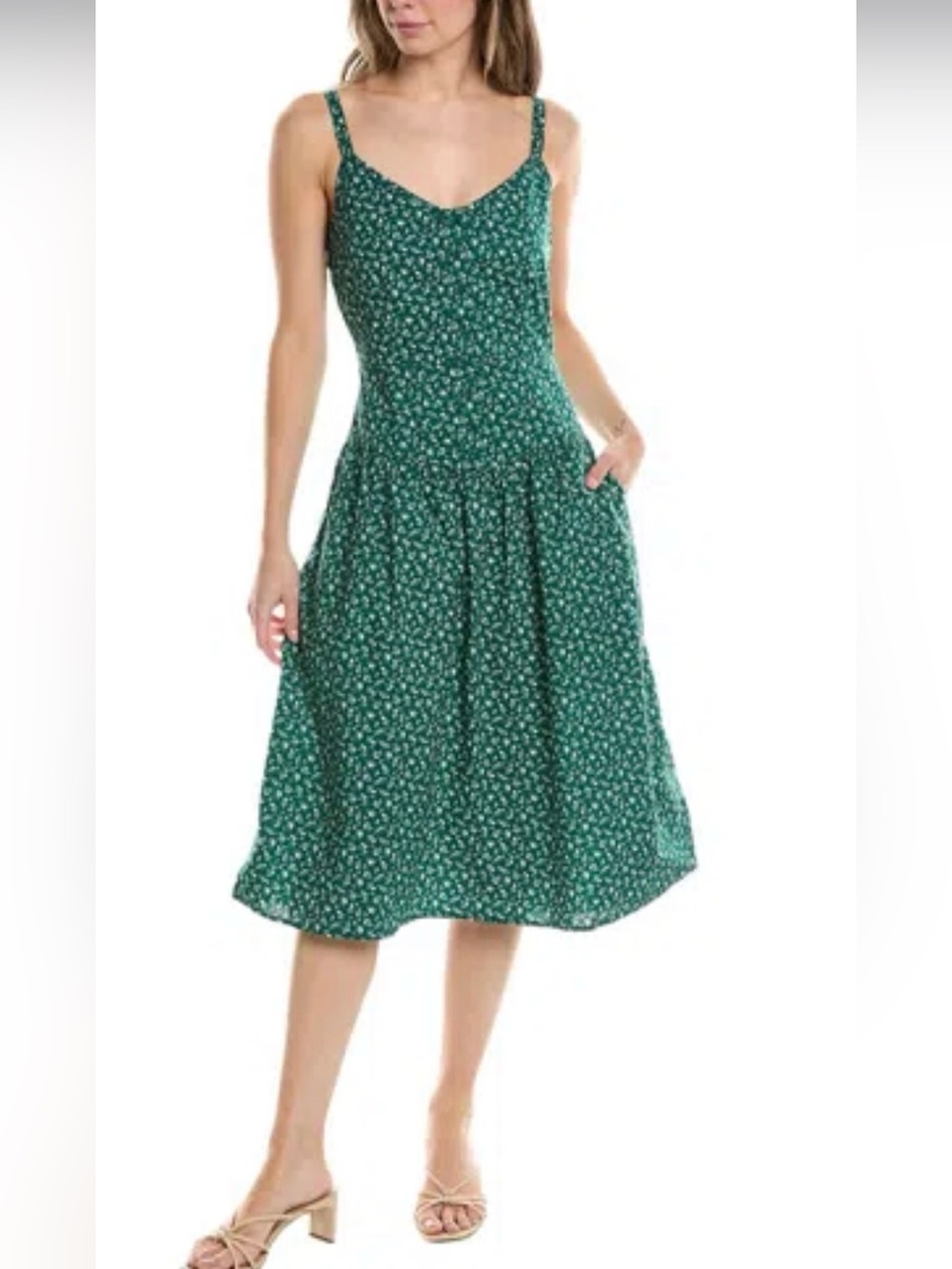 Nation LTD Green Floral Midi Dress Spaghetti Strap Fitted Bodice Size M